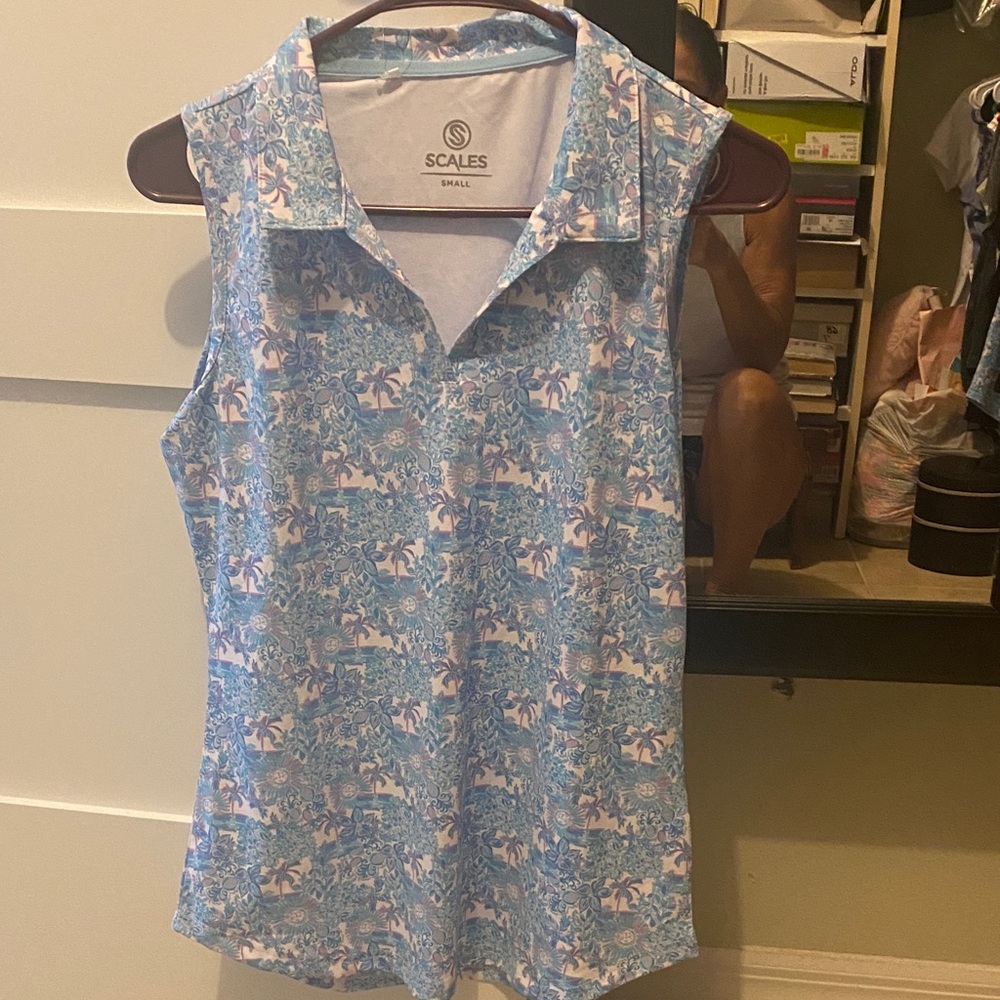 Scales Women's Sleeveless Button Down Shirt - Blue and Pink